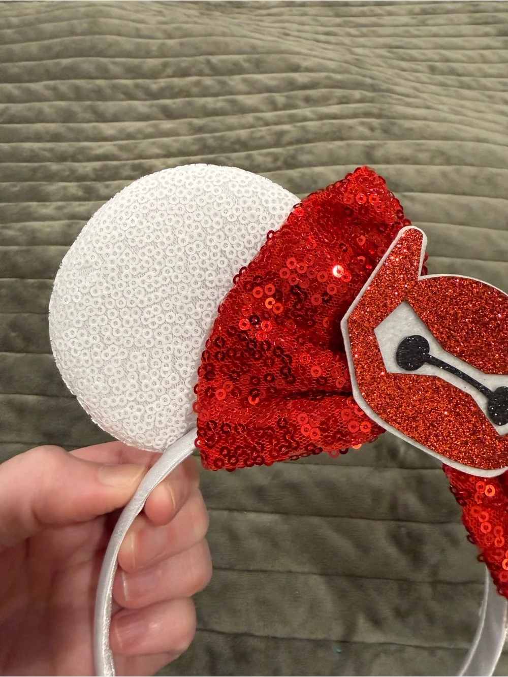 Sparkling Baymax Big Hero 6 Red Bow Mouse Ears Headband with White Sequin Ears